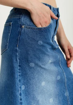Women's Maxi Polka Dot Denim Skirt with Slit Detail and Belt Loops - 100% Cotton by Liquorish
