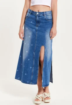 Women's Maxi Polka Dot Denim Skirt with Slit Detail and Belt Loops - 100% Cotton by Liquorish