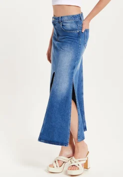 Women's Maxi Polka Dot Denim Skirt with Slit Detail and Belt Loops - 100% Cotton by Liquorish