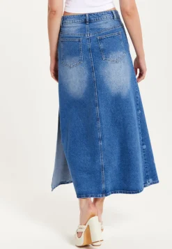 Women's Maxi Polka Dot Denim Skirt with Slit Detail and Belt Loops - 100% Cotton by Liquorish