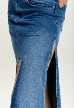 Women's Maxi Polka Dot Denim Skirt with Slit Detail and Belt Loops - 100% Cotton by Liquorish
