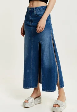 Women's Maxi Polka Dot Denim Skirt with Slit Detail and Belt Loops - 100% Cotton by Liquorish