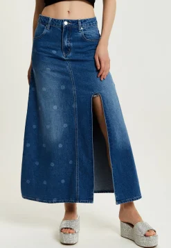 Women's Maxi Polka Dot Denim Skirt with Slit Detail and Belt Loops - 100% Cotton by Liquorish