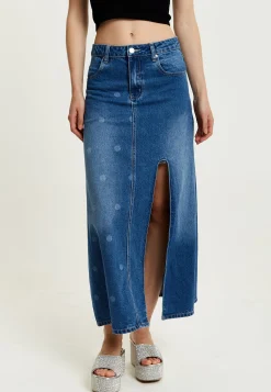 Women's Maxi Polka Dot Denim Skirt with Slit Detail and Belt Loops - 100% Cotton by Liquorish