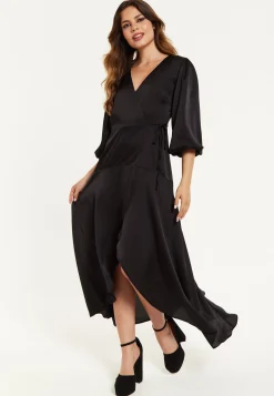 Women's Midi Dress, Black Wrap Dress with Puff Sleeves, Elegant V-Neck, Chic Regular Fit, Lightweight Polyester
