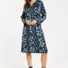 Women’s Midi Dress, Floral Print in Multicolour & Navy with Adjustable Waist Tie and Full-Length Sleeves