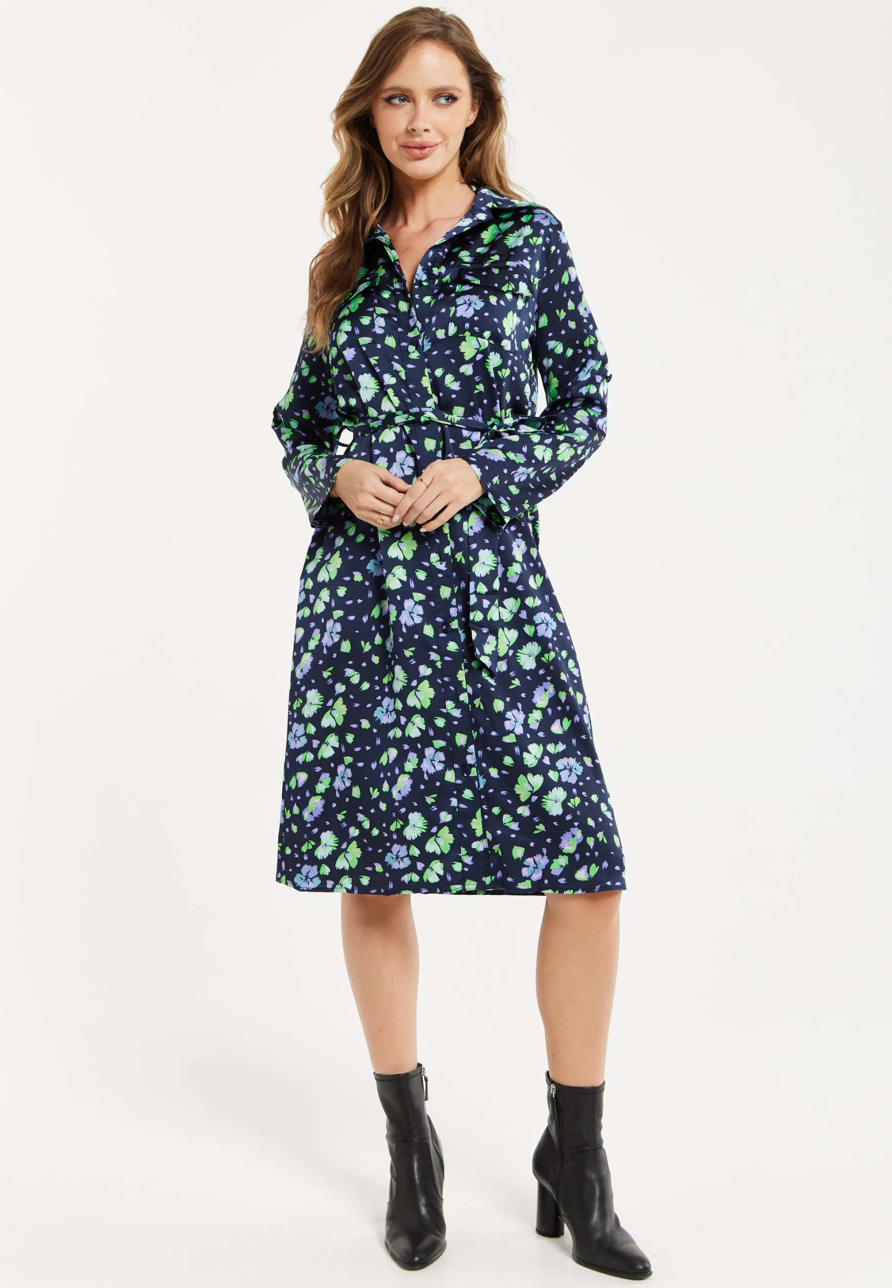 Women’s Midi Dress, Floral Print in Multicolour & Navy with Adjustable Waist Tie and Full-Length Sleeves
