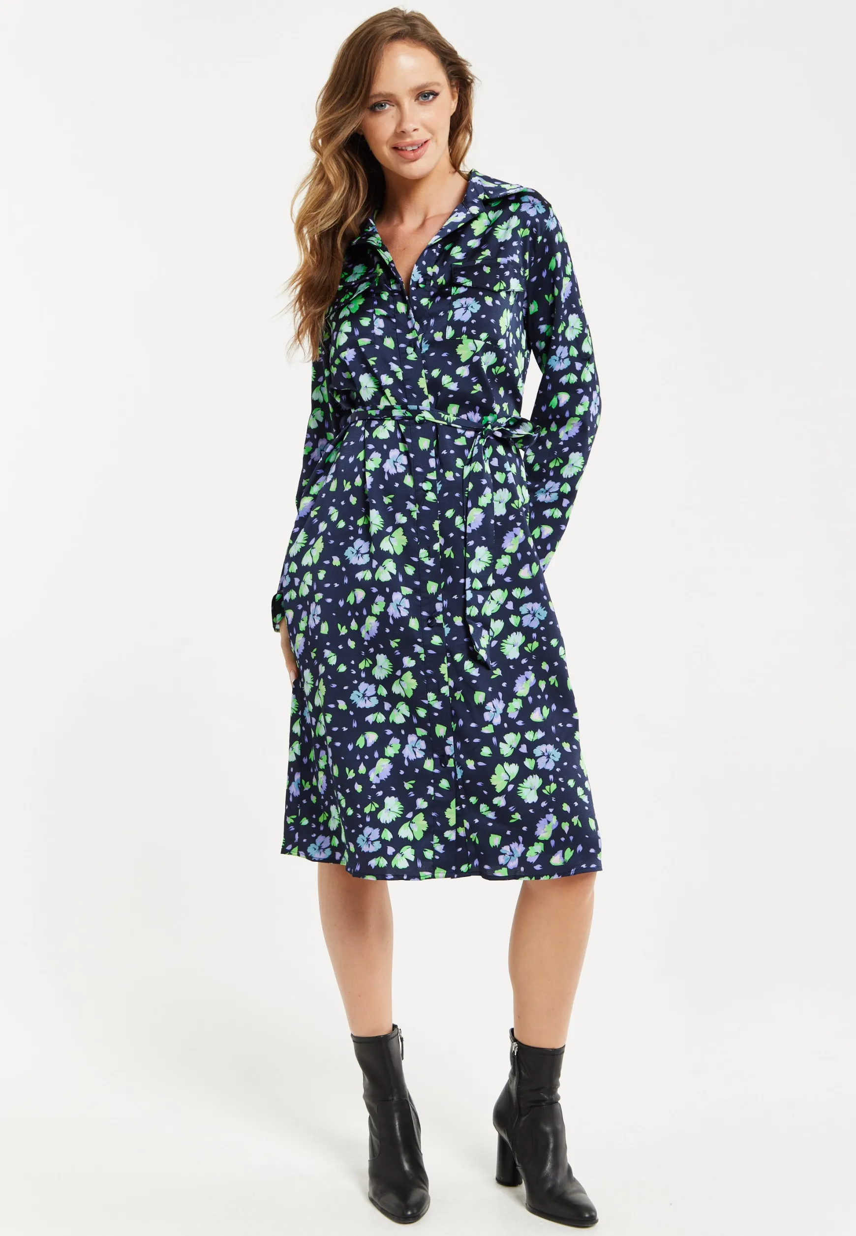 Women’s Midi Dress, Floral Print in Multicolour & Navy with Adjustable Waist Tie and Full-Length Sleeves