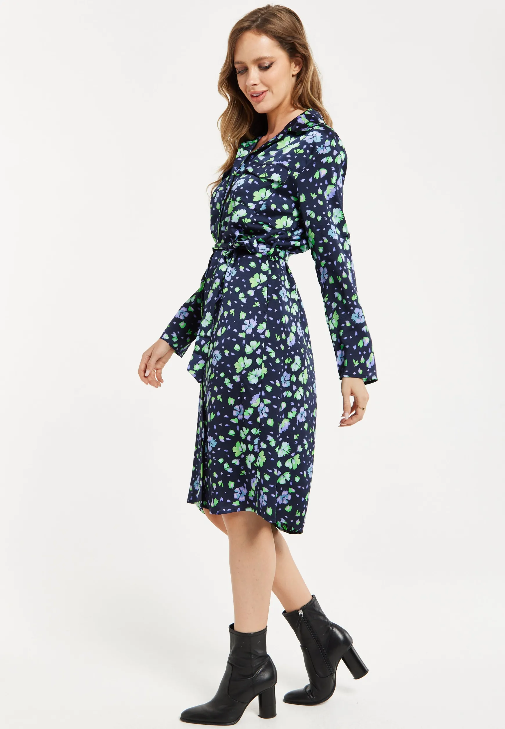 Women’s Midi Dress, Floral Print in Multicolour & Navy with Adjustable Waist Tie and Full-Length Sleeves