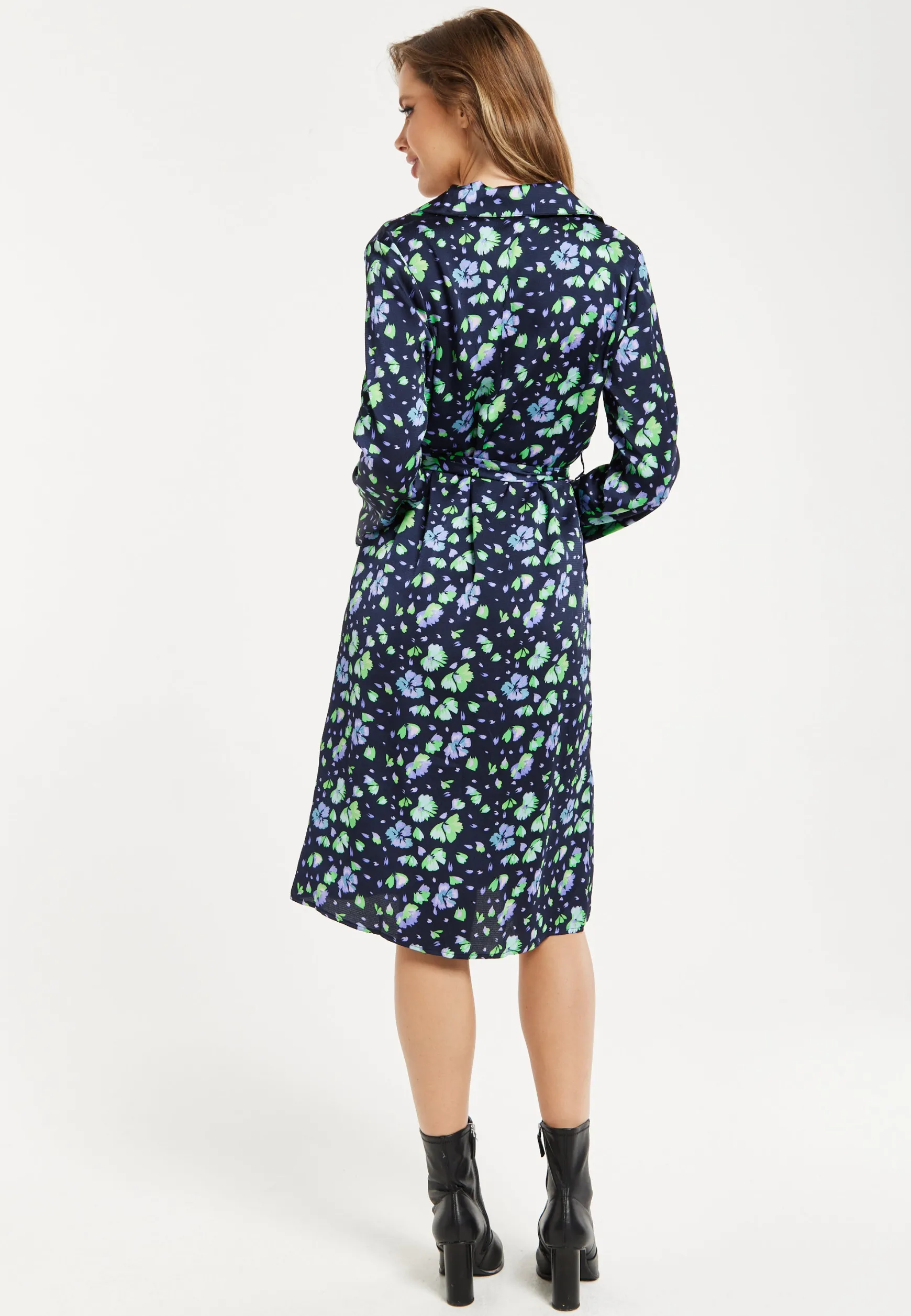 Women’s Midi Dress, Floral Print in Multicolour & Navy with Adjustable Waist Tie and Full-Length Sleeves