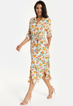 Women’s Midi Dress, Fruit Print, Button-Through Design, Elegant Tie Waist, Roll-Up Sleeves, Lightweight Viscose