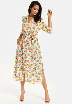 Women’s Midi Dress, Fruit Print, Button-Through Design, Elegant Tie Waist, Roll-Up Sleeves, Lightweight Viscose