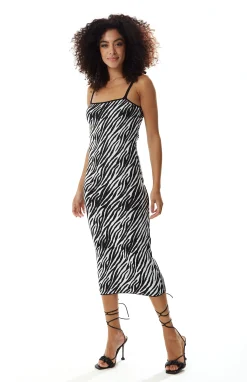 Women’s Midi Dress in Black and White Zebra Knit Pattern with Sleeveless Design