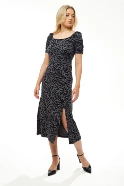 Women's Midi Dress in Black and Grey Zebra Print with Short Sleeves - Liquorish