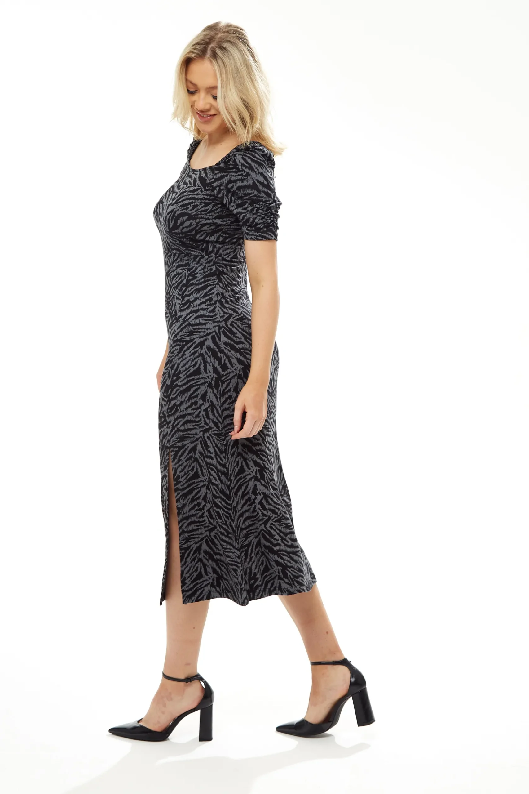 Women's Midi Dress in Black and Grey Zebra Print with Short Sleeves - Liquorish