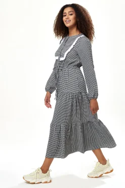 Women's Midi Dress in Black and White Gingham with Long Sleeves - Divine Grace by Liquorish