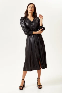 Women's Midi Dress in Black with 3/4 Balloon Sleeves and Tie Waist - Liquorish
