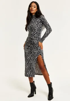 Women's Midi Dress in Black and White Zebra Print with Long Sleeves - Liquorish