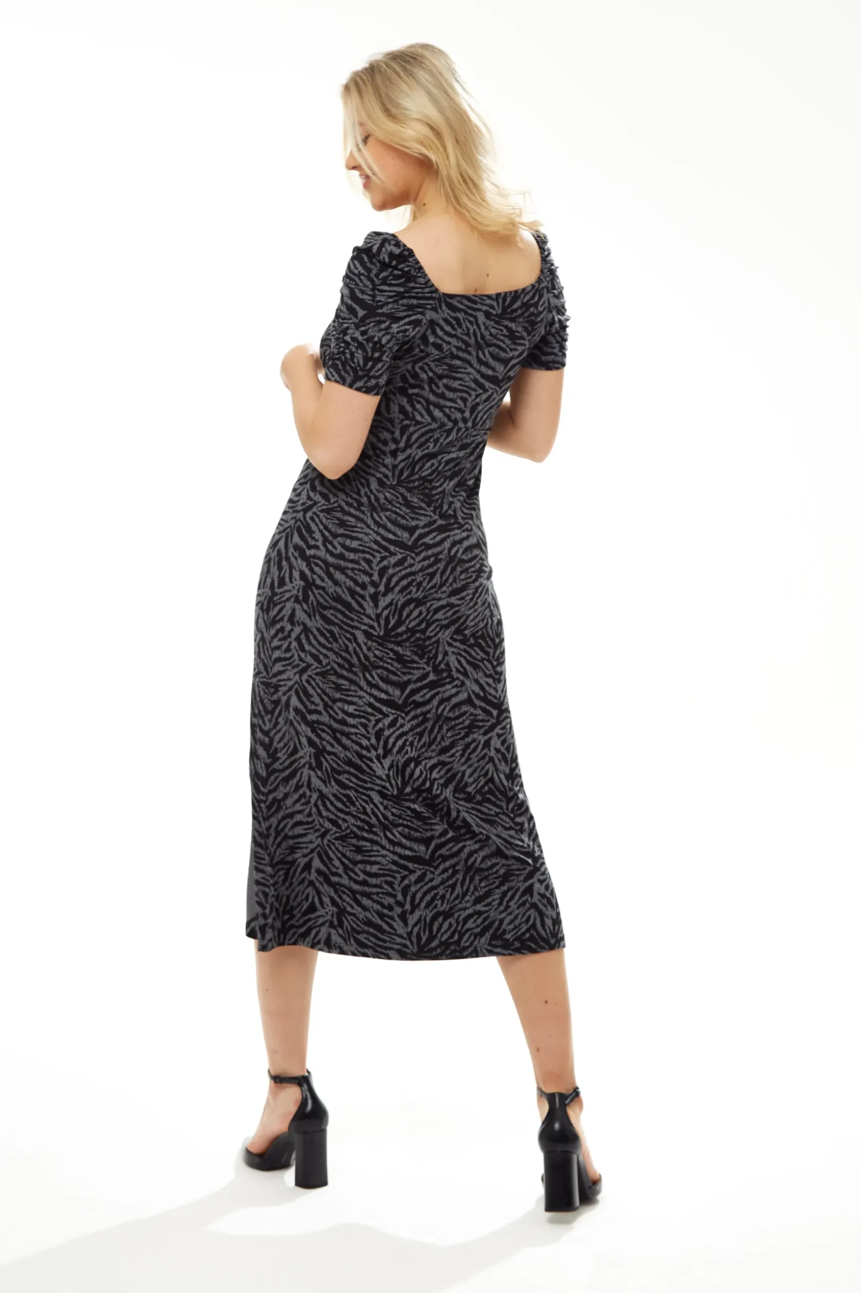 Women's Midi Dress in Black and Grey Zebra Print with Short Sleeves - Liquorish