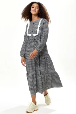 Women's Midi Dress in Black and White Gingham with Long Sleeves - Divine Grace by Liquorish
