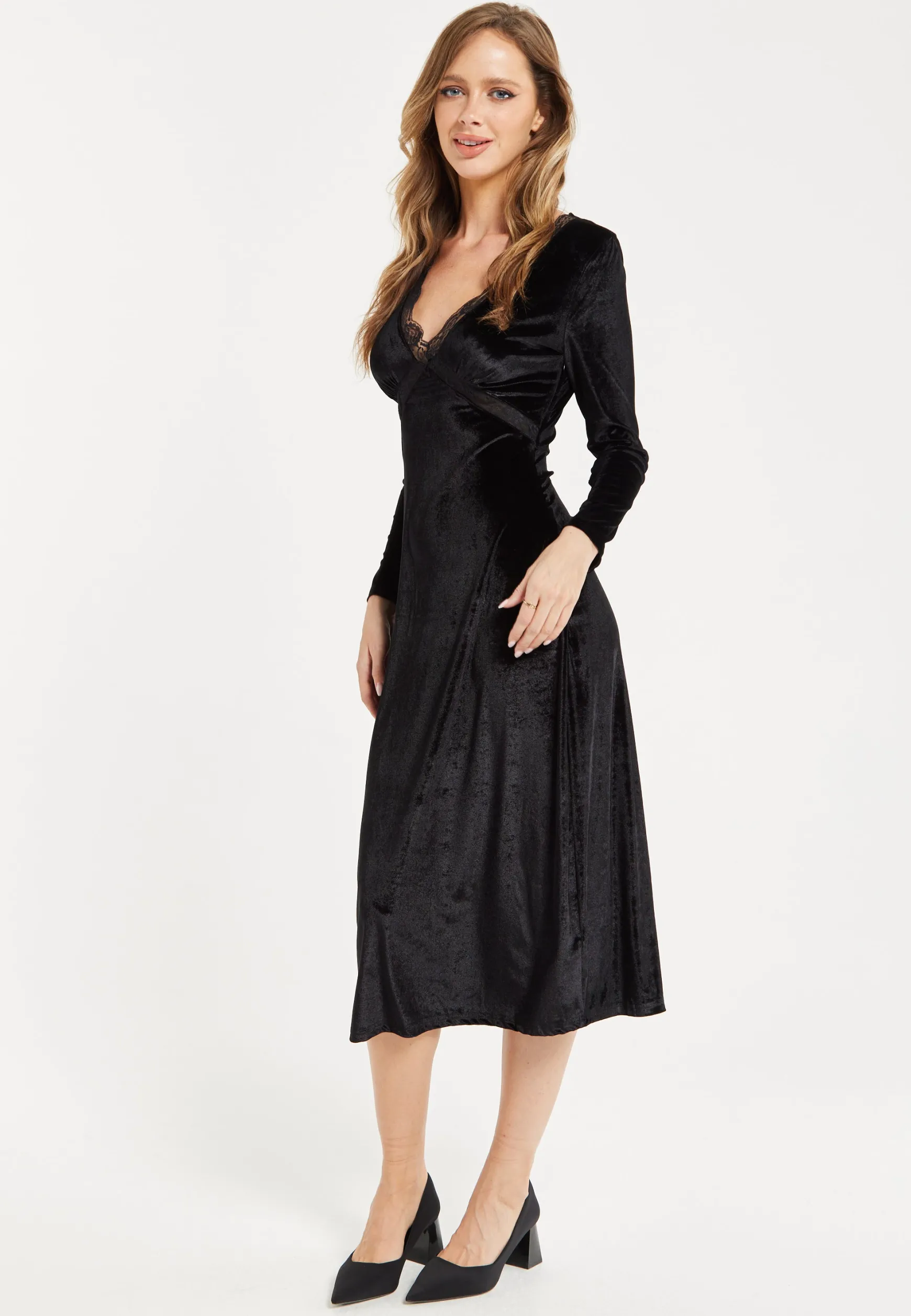 Women's Midi Dress in Black Velvet with Long Sleeves - Elegant Lace Details by Liquorish