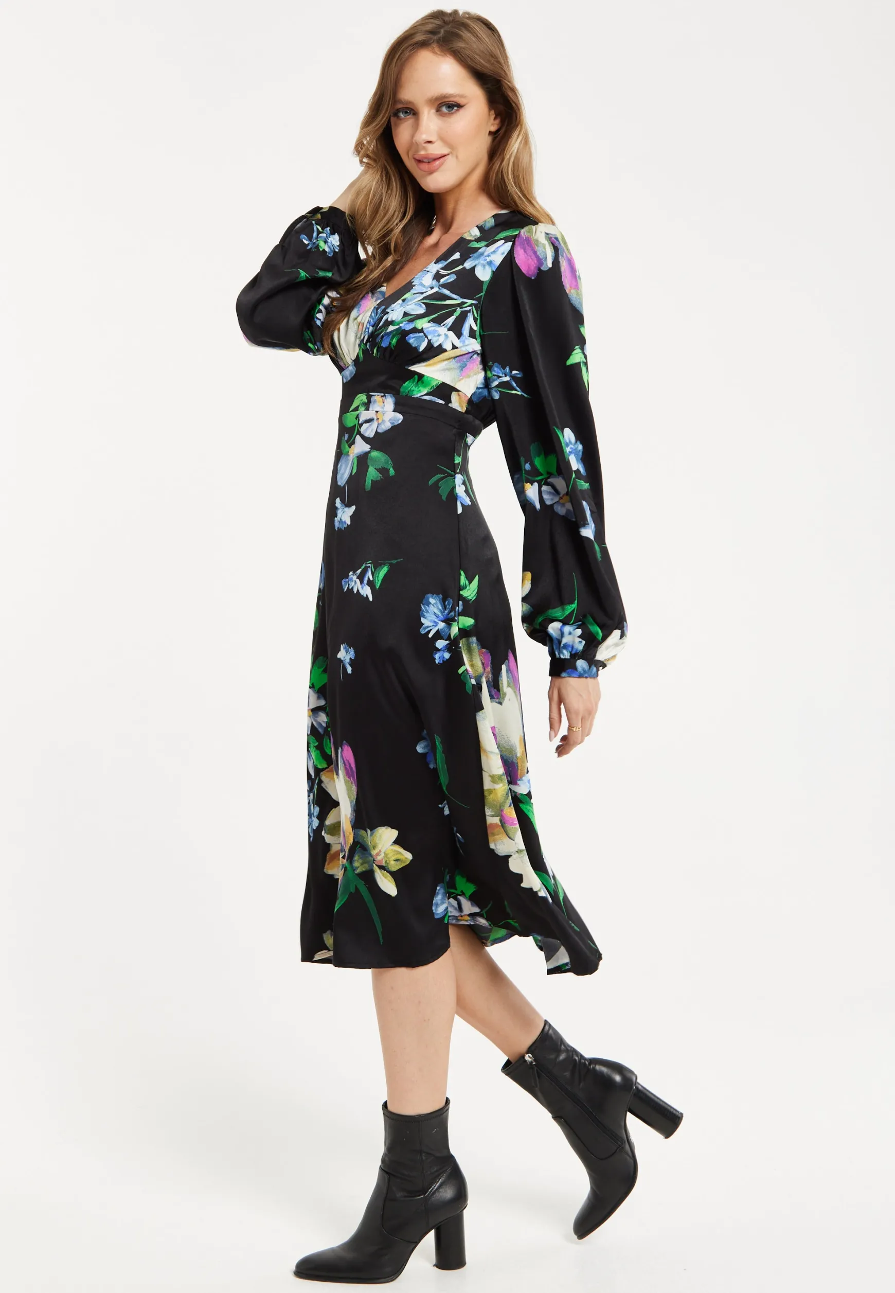 Women's Midi Dress in Black with Long Balloon Sleeves and Elegant Floral Print by Liquorish
