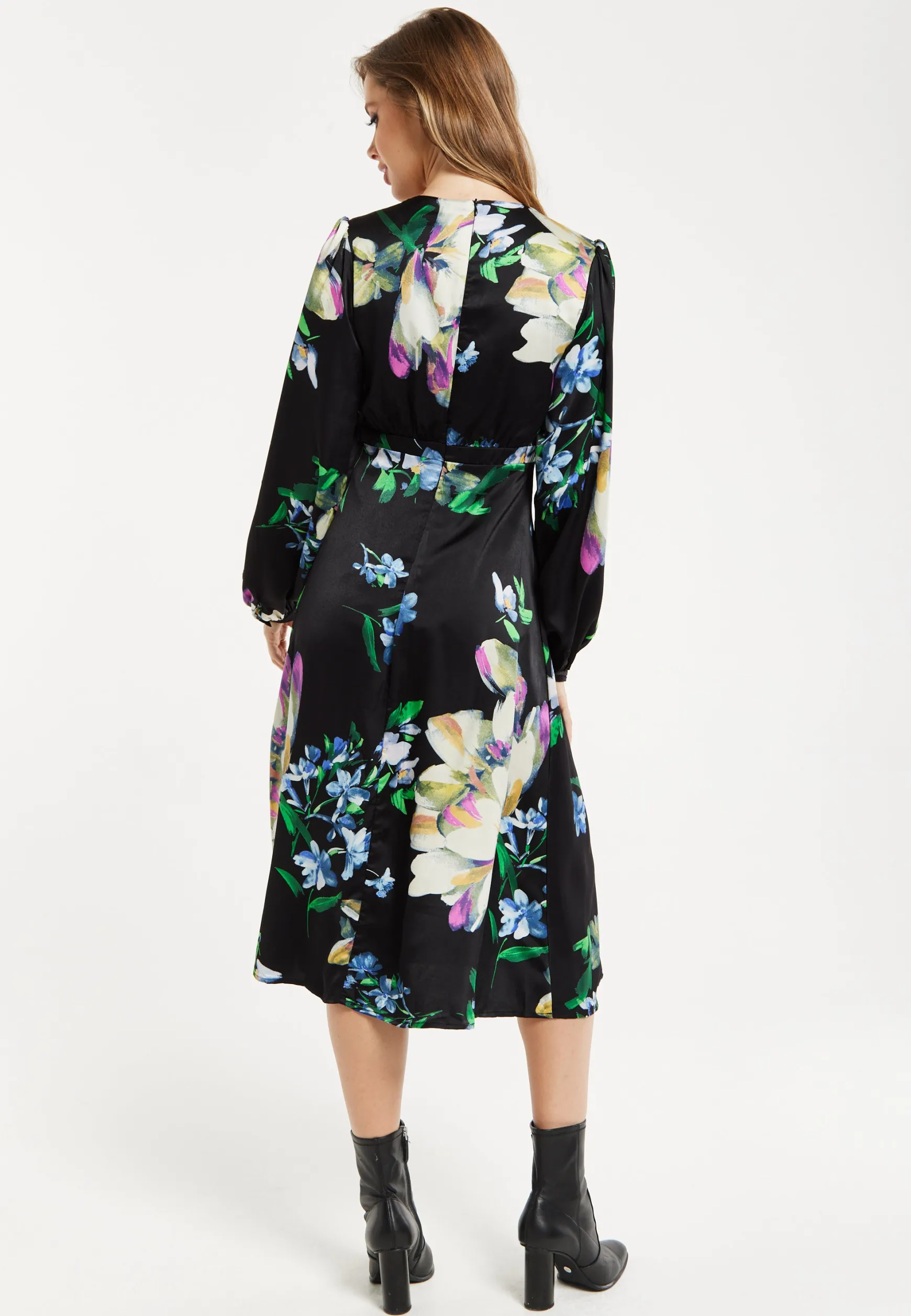 Women's Midi Dress in Black with Long Balloon Sleeves and Elegant Floral Print by Liquorish