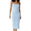 Women’s Midi Dress in Blue and White Check with Sleeveless Design and Fitted Style