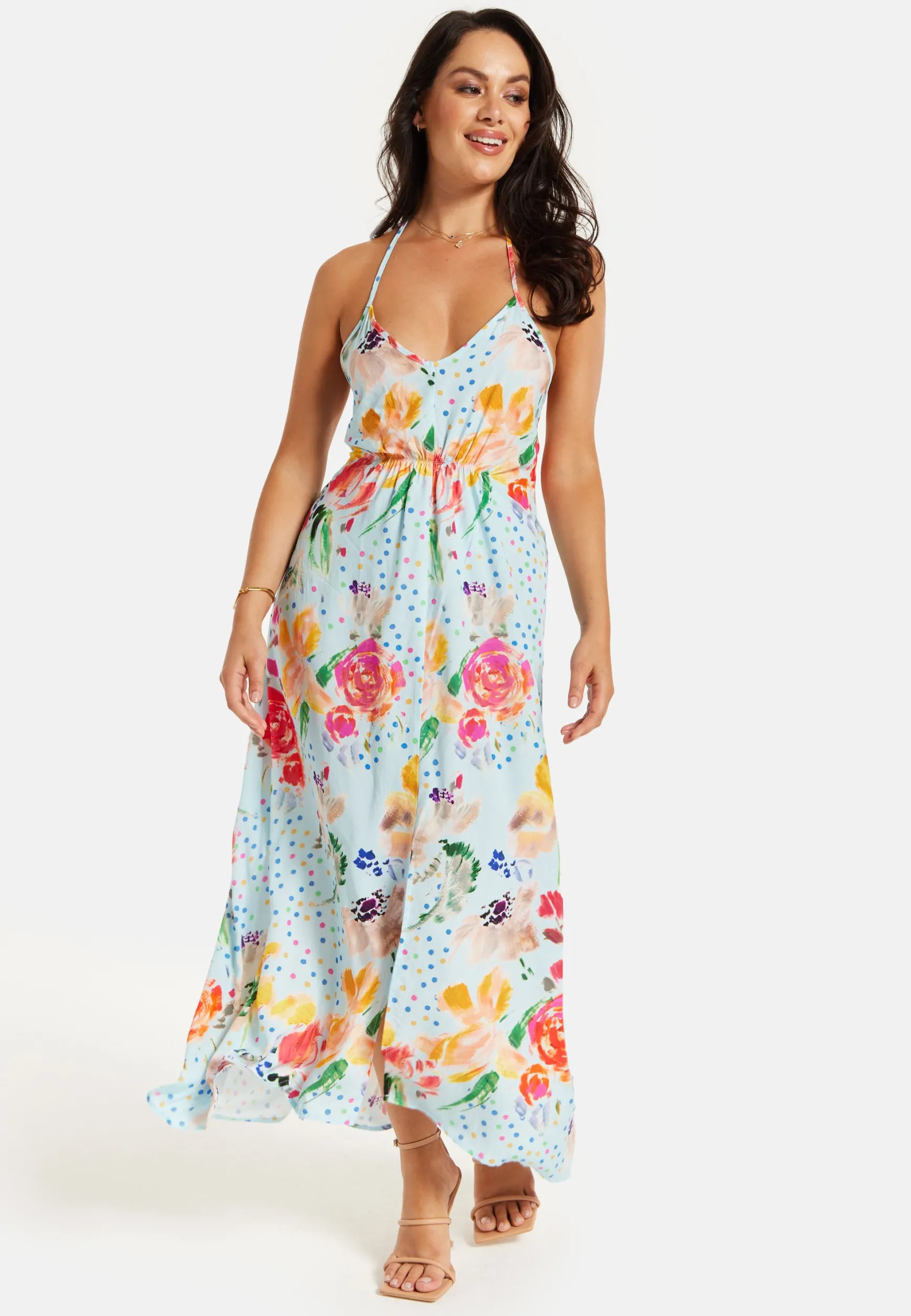 Women's Midi Dress in Blue with Floral Print, Sleeveless Asymmetrical Design and Open Back - Liquorish