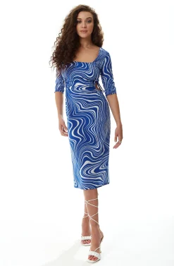 Women's Midi Dress in Blue with Cut Out Details and 3/4 Sleeves - Liquorish