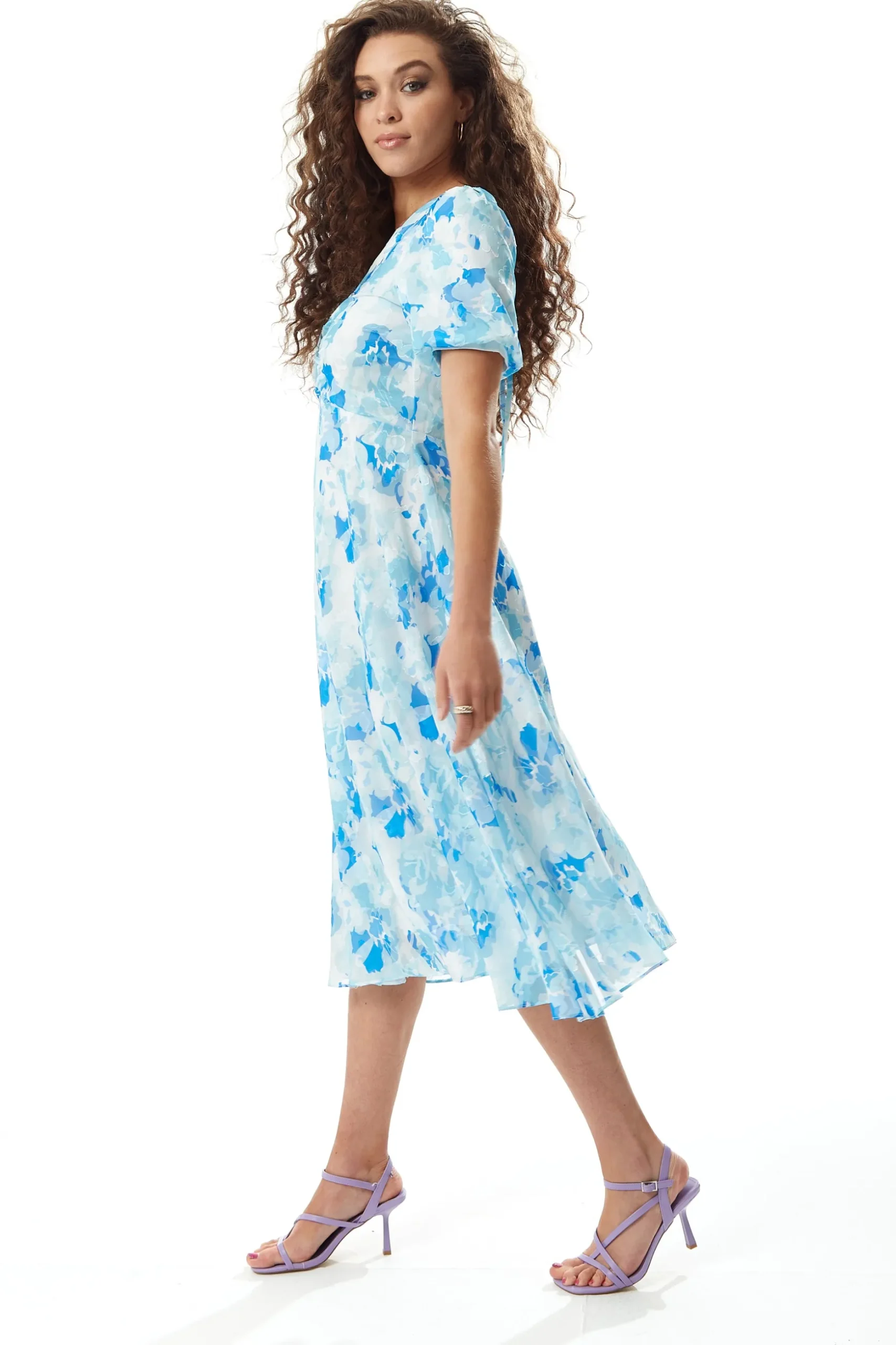 Women's Midi Dress in Blue Floral with Short Sleeves - Regular Fit V Neck Style by Liquorish