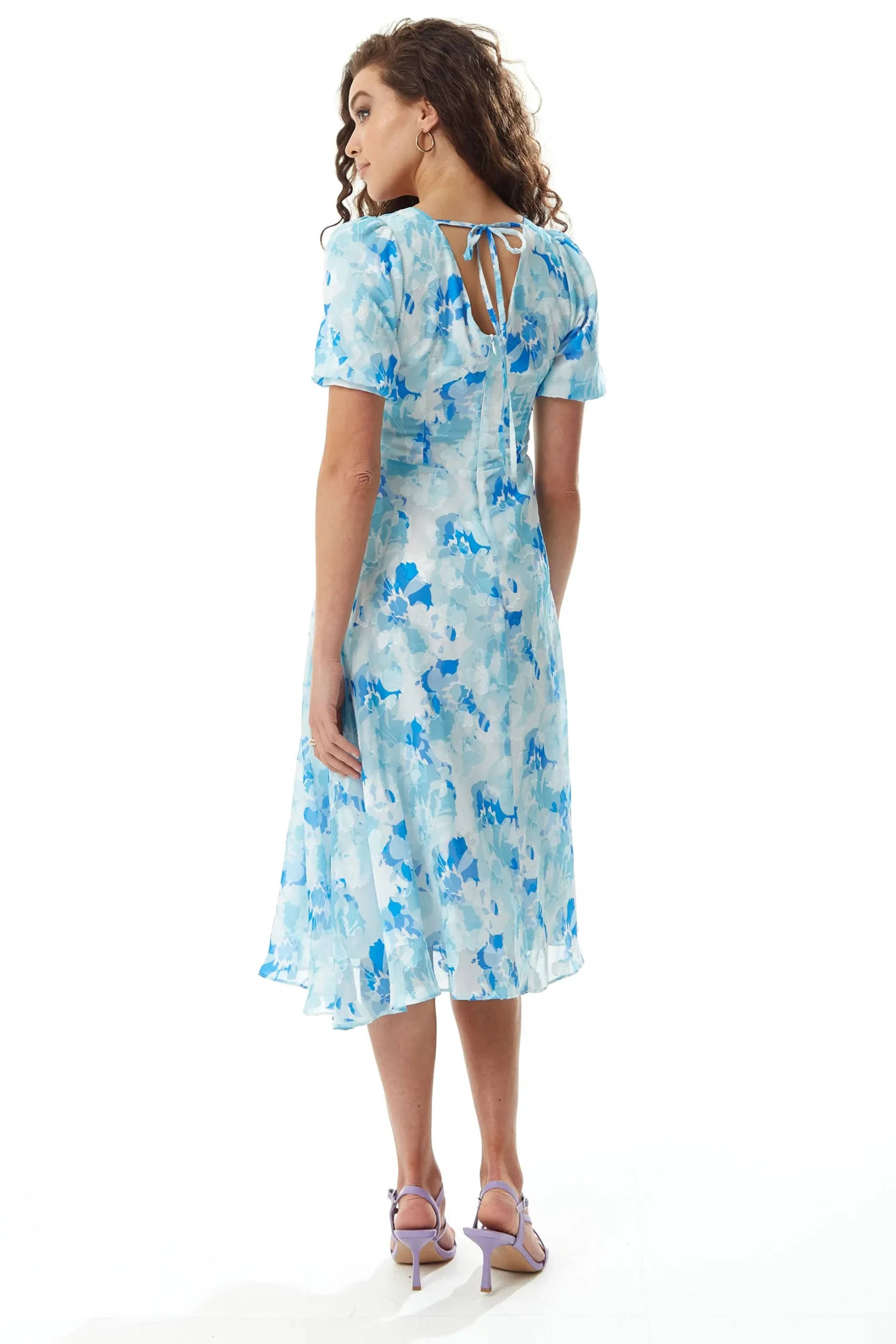Women's Midi Dress in Blue Floral with Short Sleeves - Regular Fit V Neck Style by Liquorish