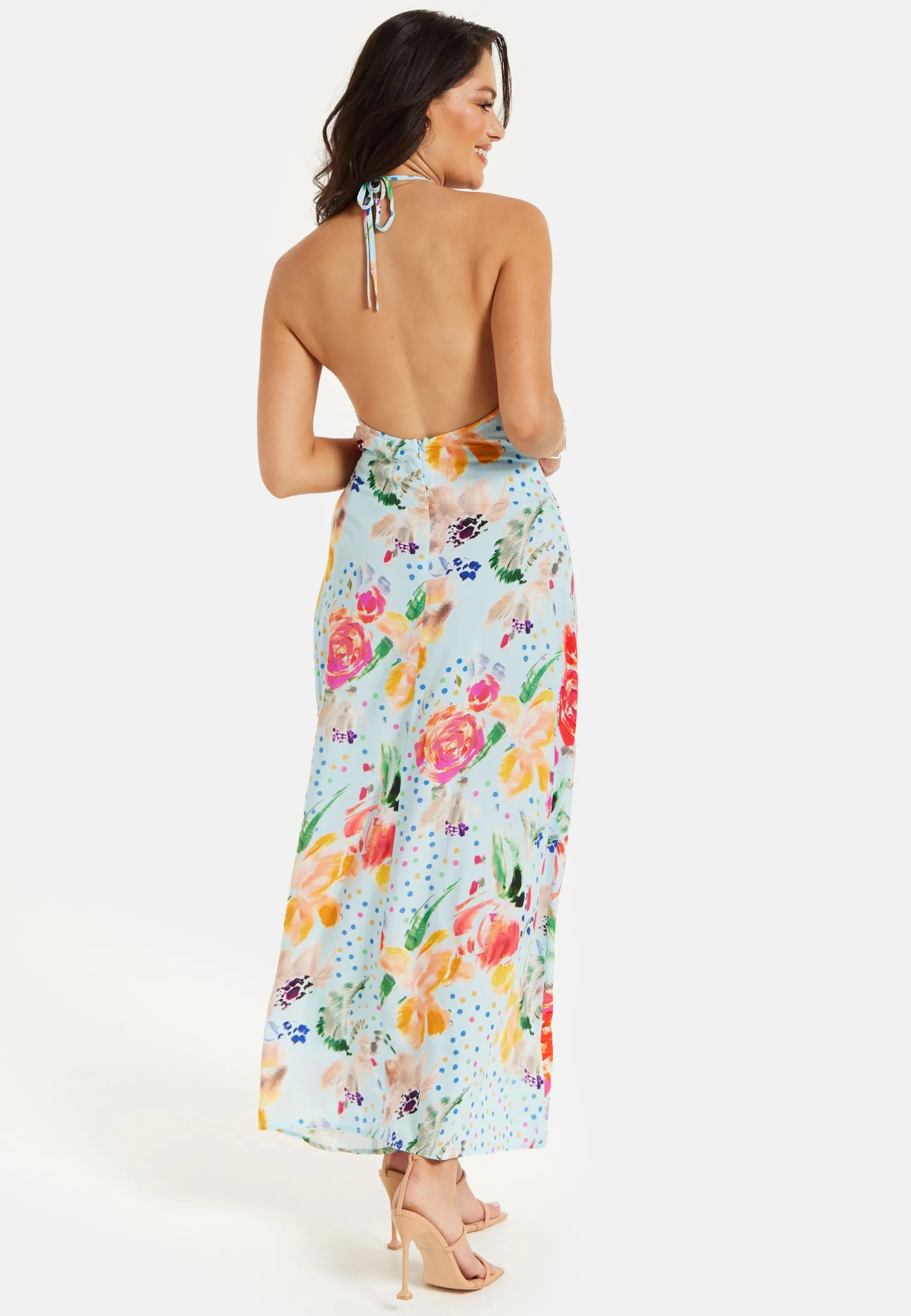 Women's Midi Dress in Blue with Floral Print, Sleeveless Asymmetrical Design and Open Back - Liquorish