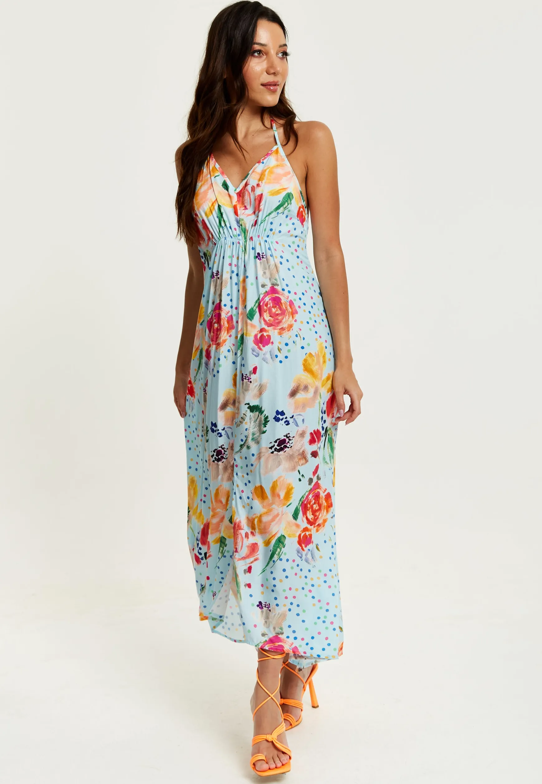 Women's Midi Dress in Blue with Floral Print, Sleeveless Asymmetrical Design and Open Back - Liquorish