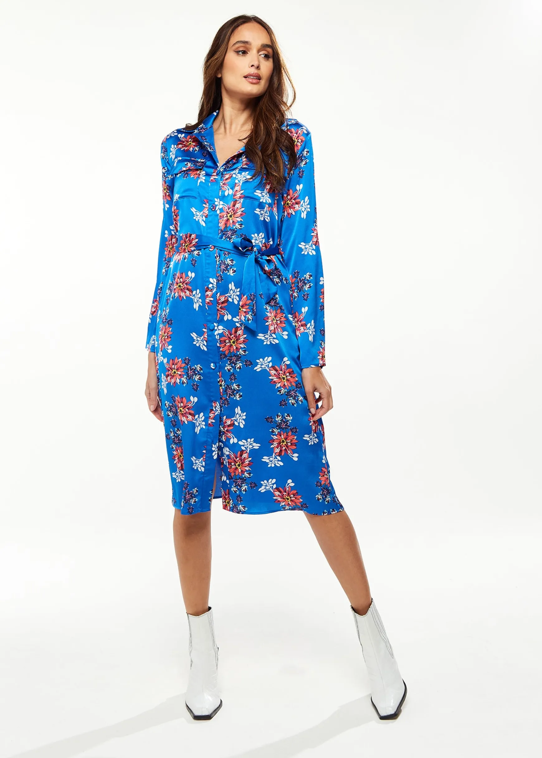 Women's Midi Dress in Bright Blue with Floral Print, Long Sleeve, Button Front and Functional Pockets