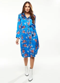 Women's Midi Dress in Bright Blue with Floral Print, Long Sleeve, Button Front and Functional Pockets