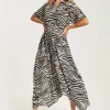 Women's Midi Dress in Brown Zebra Print with Short Sleeves and Asymmetric Hem - Liquorish
