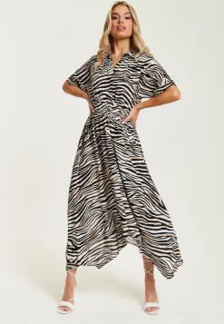 Women's Midi Dress in Brown Zebra Print with Short Sleeves and Asymmetric Hem - Liquorish