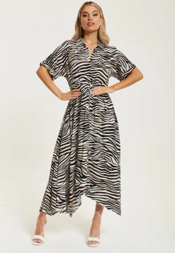Women's Midi Dress in Brown Zebra Print with Short Sleeves and Asymmetric Hem - Liquorish