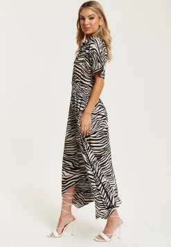 Women's Midi Dress in Brown Zebra Print with Short Sleeves and Asymmetric Hem - Liquorish