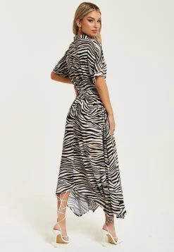 Women's Midi Dress in Brown Zebra Print with Short Sleeves and Asymmetric Hem - Liquorish