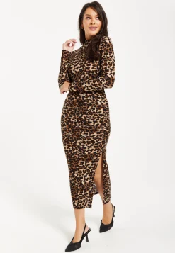 Women's Midi Dress in Brushed Knit with Bold Leopard Print and Long Sleeves - Chic Side Slit Design by Liquorish