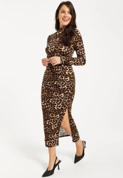 Women's Midi Dress in Brushed Knit with Bold Leopard Print and Long Sleeves - Chic Side Slit Design by Liquorish
