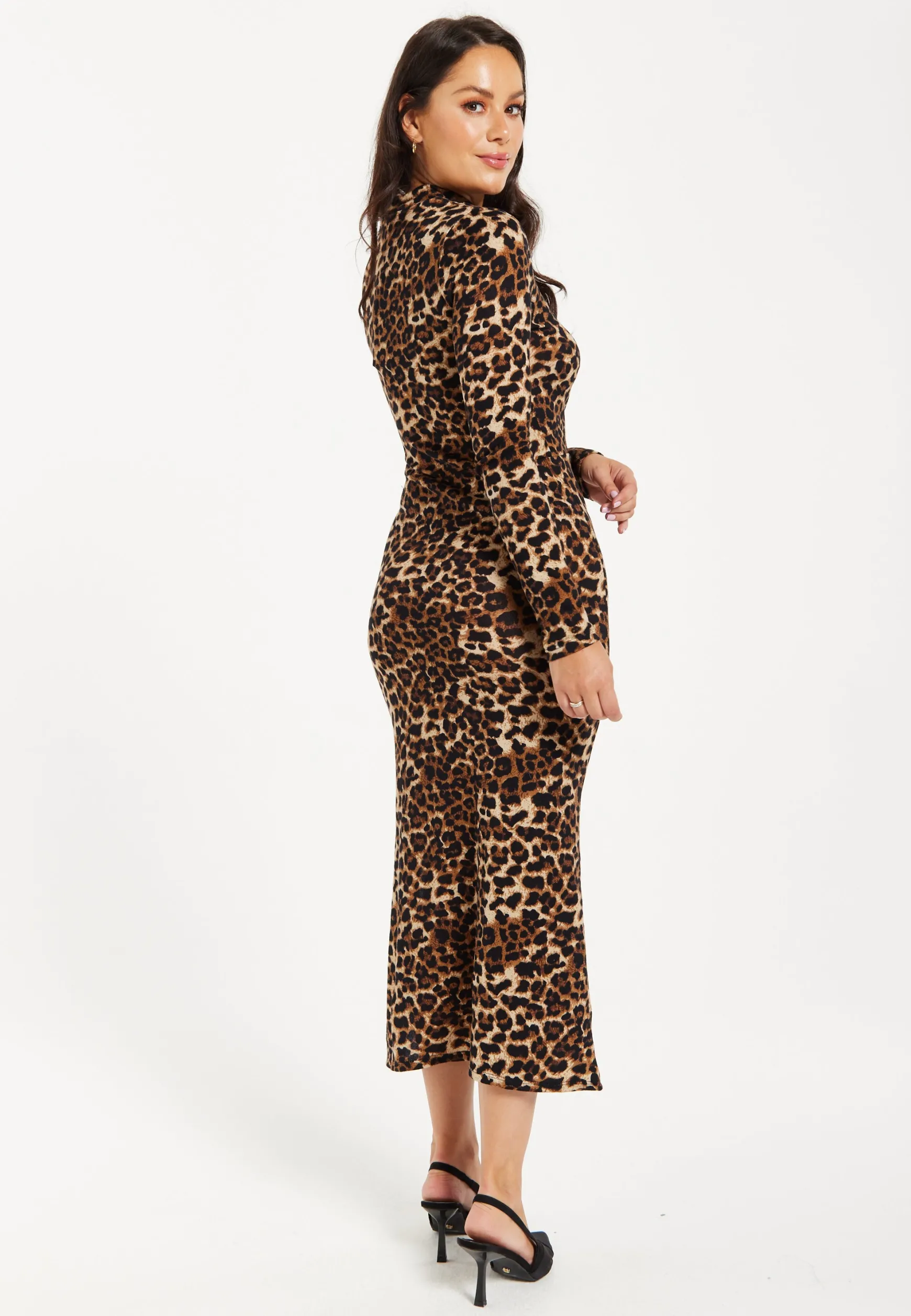 Women's Midi Dress in Brushed Knit with Bold Leopard Print and Long Sleeves - Chic Side Slit Design by Liquorish