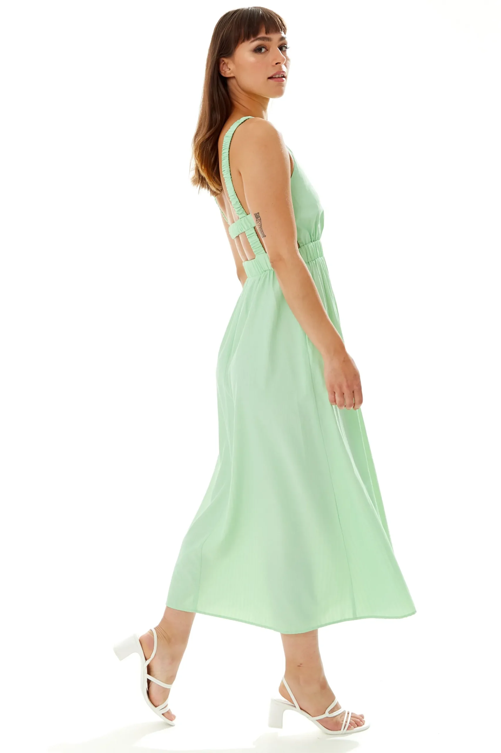 Women's Midi Dress in Chic Green with Sleeveless Design and Open Back - Perfect Elegance by Liquorish