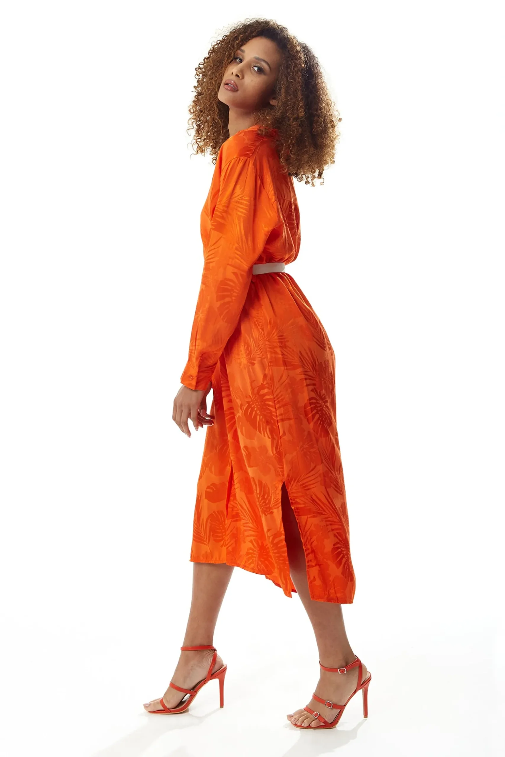 Women's Midi Dress in Coral with Long Sleeves and Belt - Stylish Leaf Print by Liquorish