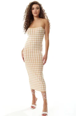 Women's Midi Dress in Cream and White Check - Sleeveless, Flattering Fitted Style, Timeless Pattern