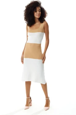 Women's Midi Dress in Cream and White, Sleeveless Fitted Style with Square Neck - Liquorish