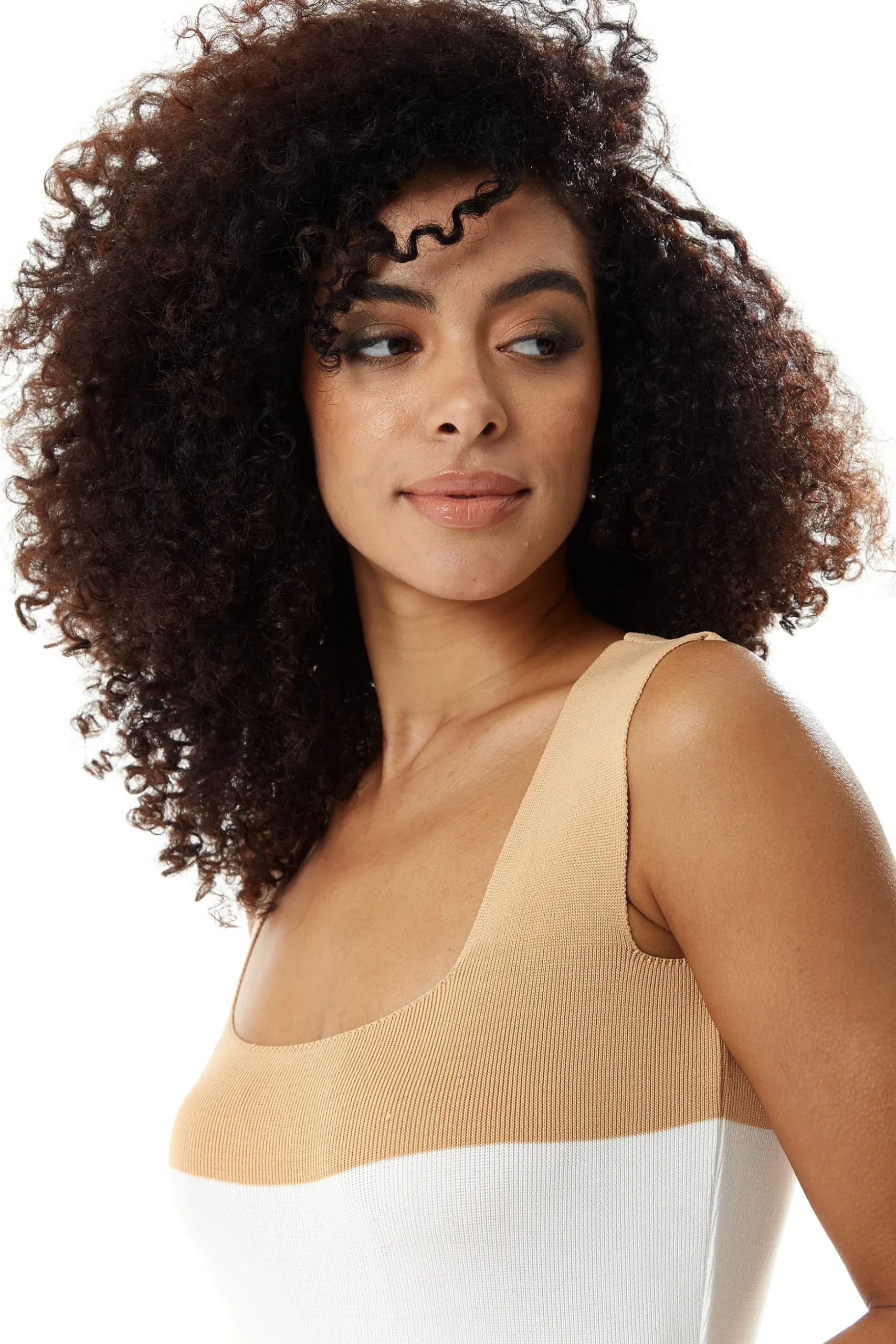 Women's Midi Dress in Cream and White, Sleeveless Fitted Style with Square Neck - Liquorish