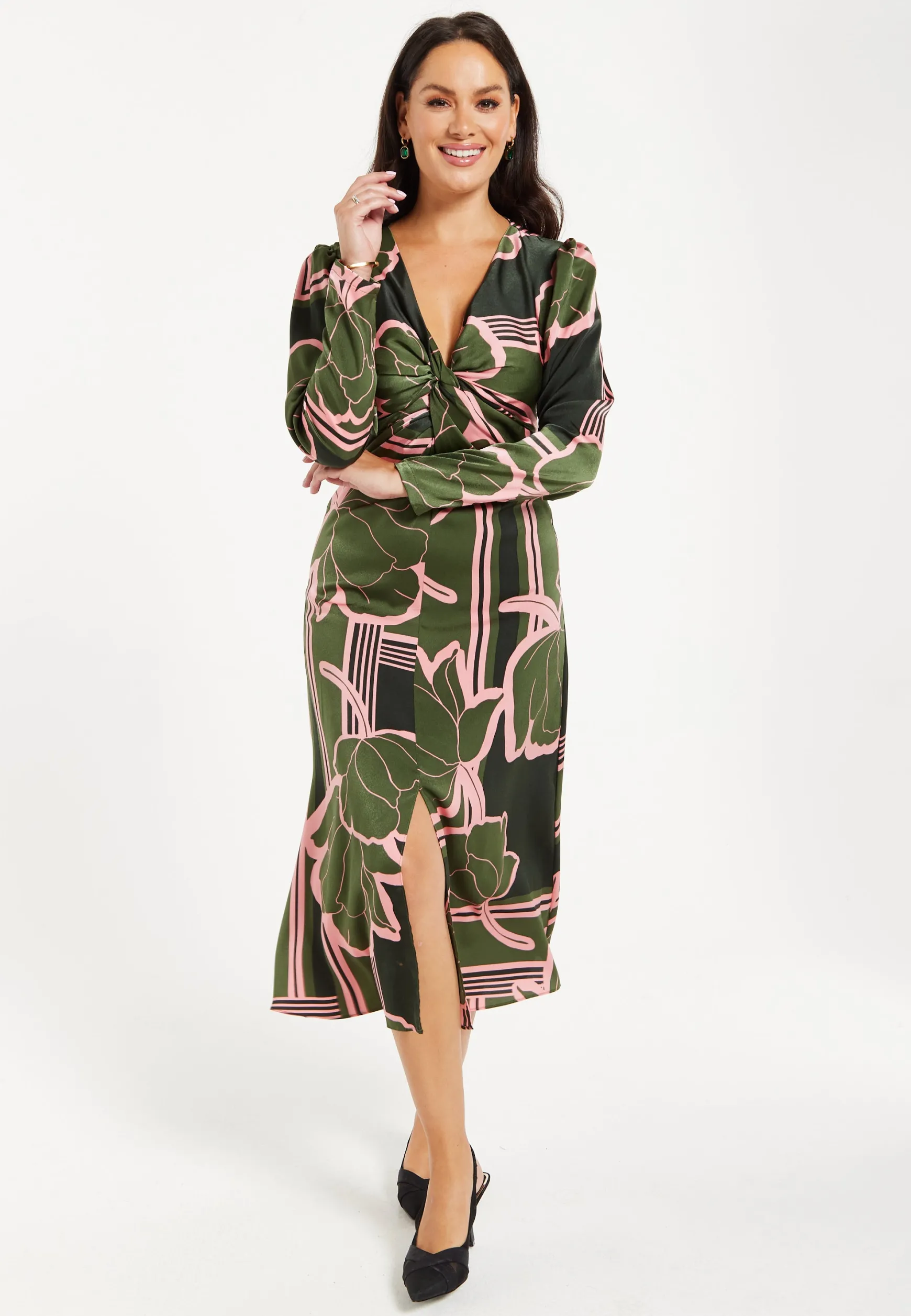 Women's Midi Dress in Dark Green with Long Sleeves and Geometric Floral Knot Front Detail by Liquorish
